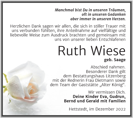 Traueranzeige von Ruth Wiese von Trauerkombi Mansfelder Land