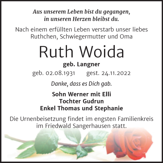 Traueranzeige von Ruth Woida von Trauerkombi Sangerhausen