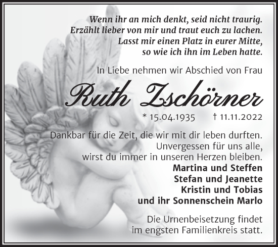 Traueranzeige von Ruth Zschörner von Trauerkombi Merseburg