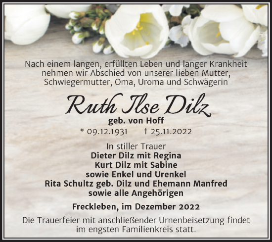 Traueranzeige von Ruth Ilse Dilz von Trauerkombi Aschersleben