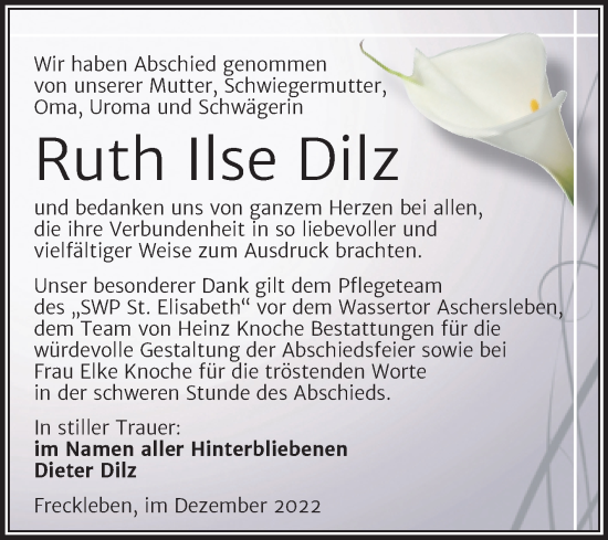 Traueranzeige von Ruth Ilse Dilz von Trauerkombi Aschersleben