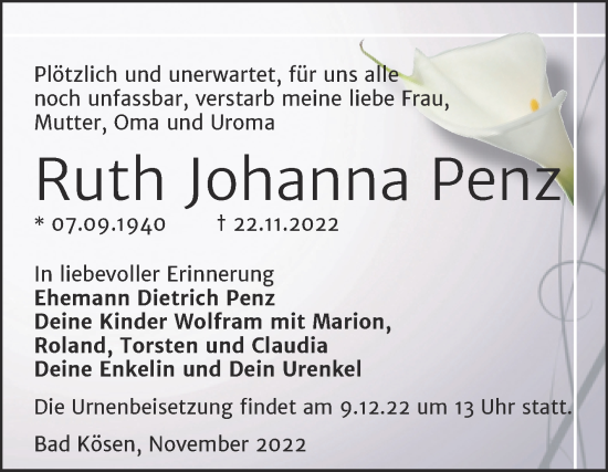 Traueranzeige von Ruth Johanna Penz von Wochenspiegel Naumburg/Nebra