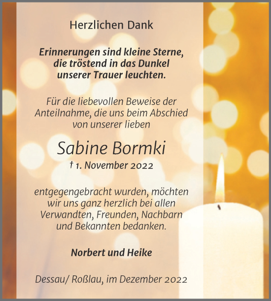 Traueranzeige von Sabine Bormki von Trauerkombi Dessau