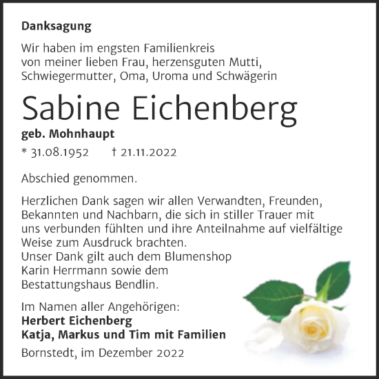Traueranzeige von Sabine Eichenberg von Trauerkombi Mansfelder Land