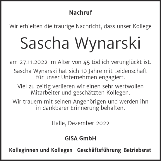 Traueranzeige von Sascha Wynarski von Mitteldeutsche Zeitung Halle/Saalkreis