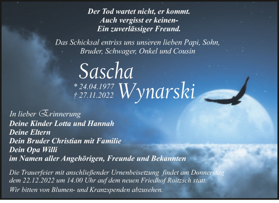 Traueranzeige von Sascha Wynarski von Trauerkombi Bitterfeld