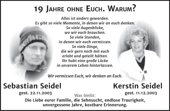 Traueranzeige von Sebastian und Kerstin Seidel von Naumburger Tageblatt