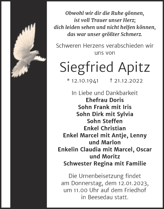 Traueranzeige von Siegfried Apitz von Trauerkombi Bernburg