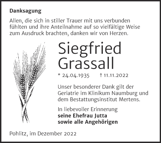 Traueranzeige von Siegfried Grassall von Wochenspiegel Naumburg/Nebra