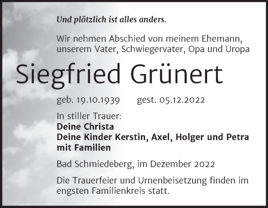 Traueranzeige von Siegfried Grünert von Trauerkombi Wittenberg