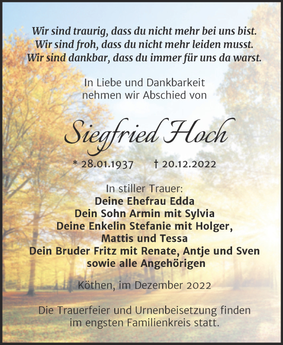 Traueranzeige von Siegfried Hoch von Trauerkombi Köthen