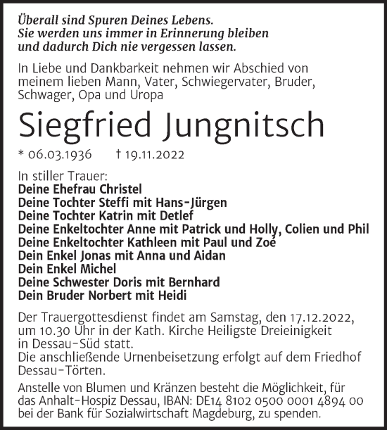 Traueranzeige von Siegfried Jungnitsch von Trauerkombi Dessau