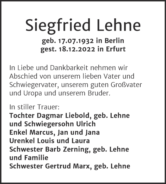 Traueranzeige von Siegfried Lehne von Mitteldeutsche Zeitung Sangerhausen