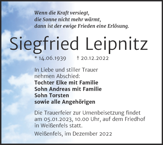 Traueranzeige von Siegfried Leipnitz von Trauerkombi Weißenfels