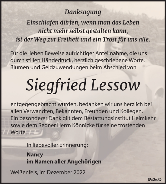 Traueranzeige von Siegfried Lessow von Trauerkombi Weißenfels