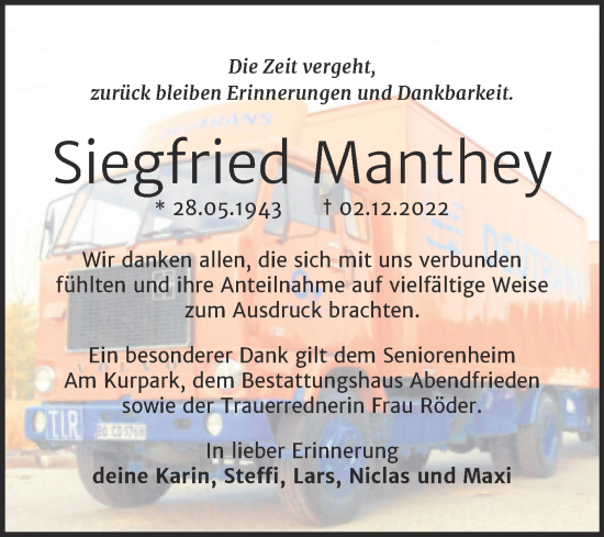 Traueranzeige von Siegfried Manthey von Trauerkombi Merseburg