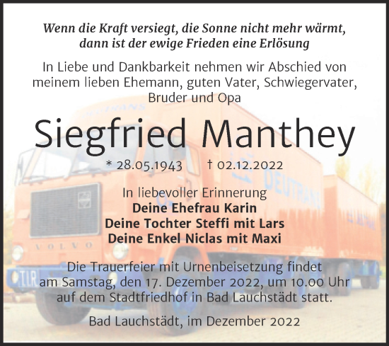 Traueranzeige von Siegfried Manthey von Trauerkombi Merseburg