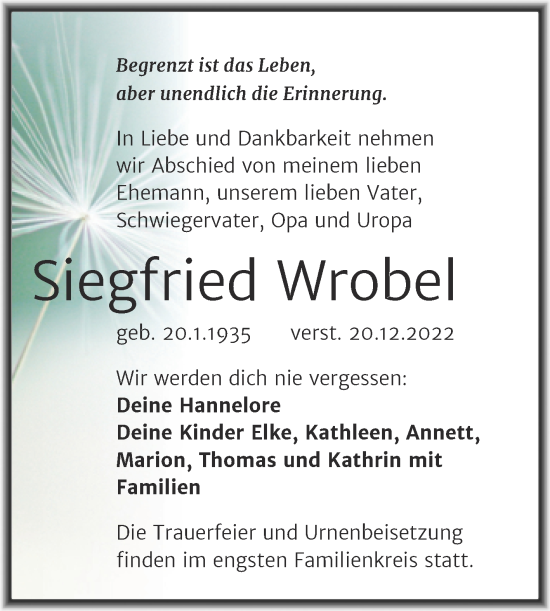 Traueranzeige von Siegfried Wrobel von Trauerkombi Köthen