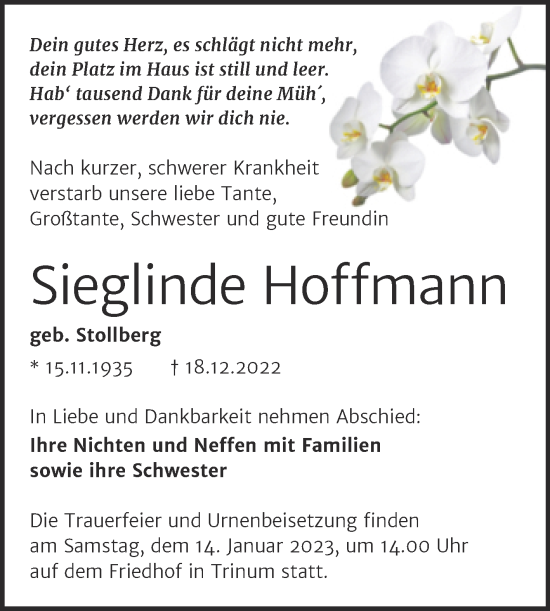 Traueranzeige von Sieglinde Hoffmann von Trauerkombi Köthen