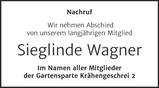 Traueranzeige von Sieglinde Wagner von Trauerkombi Aschersleben