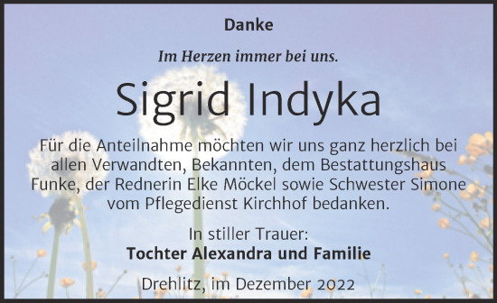 Traueranzeige von Sigrid Indyka von Trauerkombi Köthen
