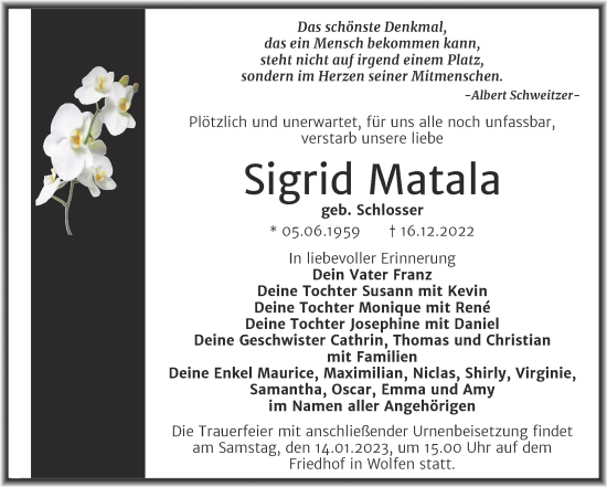 Traueranzeige von Sigrid Matala von Trauerkombi Bitterfeld