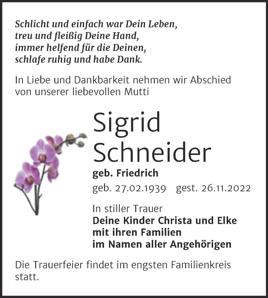  Traueranzeige für Sigrid Schneider vom 03.12.2022 aus Trauerkombi Sangerhausen