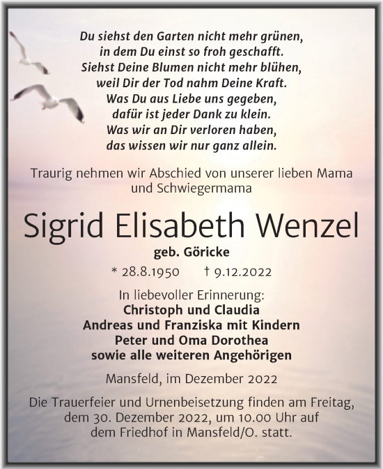 Traueranzeige von Sigrid Elisabeth Wenzel von Trauerkombi Mansfelder Land
