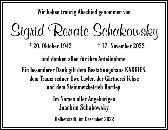 Traueranzeige von Sigrid Renate Schakowsky von Trauerkombi Quedlinburg