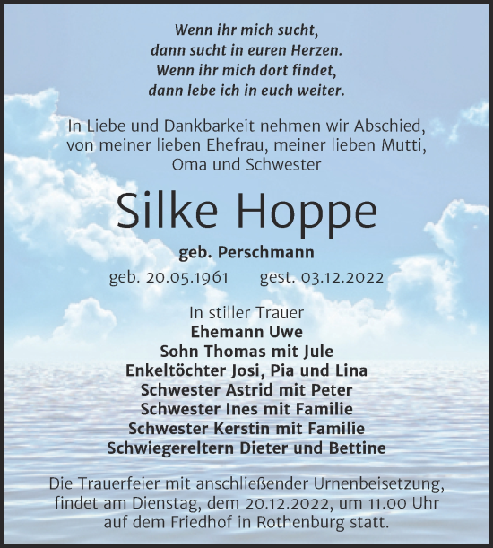 Traueranzeige von Silke Hoppe von Mitteldeutsche Zeitung Halle/Saalkreis