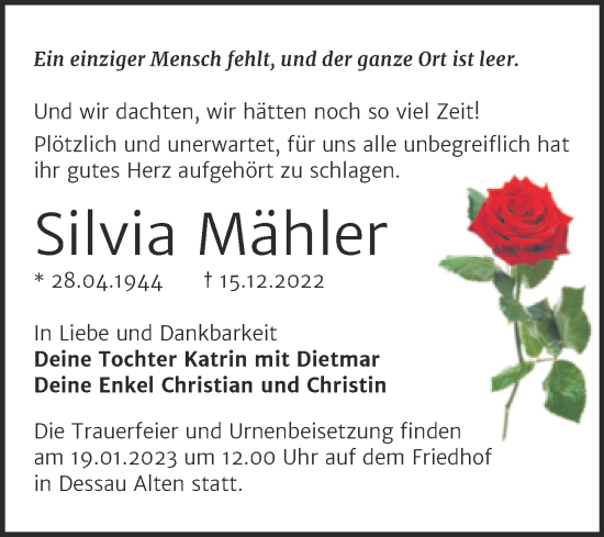 Traueranzeige von Silvia Mähler von Trauerkombi Dessau