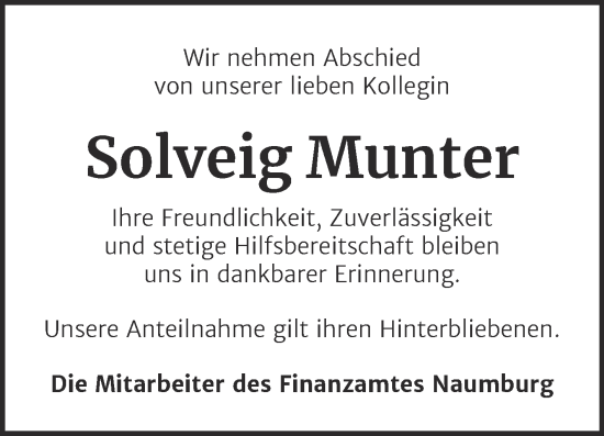 Traueranzeige von Solveig Munter von Naumburger Tageblatt