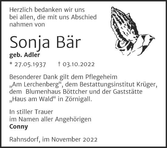 Traueranzeige von Sonja Bär von Trauerkombi Wittenberg