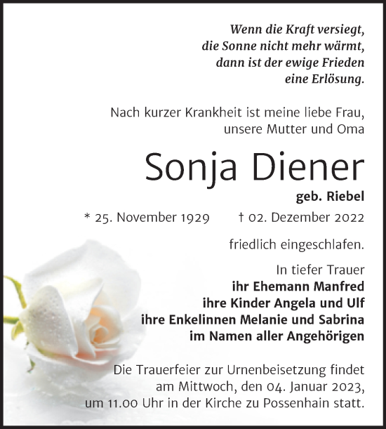 Traueranzeige von Sonja Diener von Naumburger Tageblatt