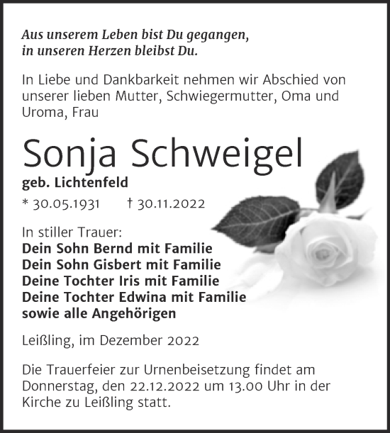Traueranzeige von Sonja Schweigel von Trauerkombi Weißenfels