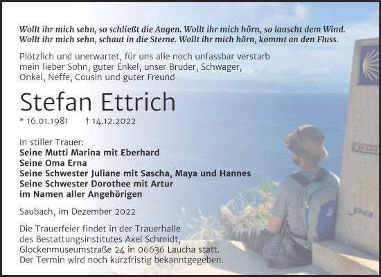 Traueranzeige von Stefan Ettrich von Wochenspiegel Naumburg/Nebra