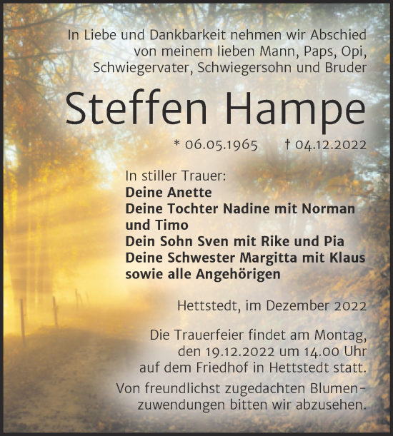 Traueranzeige von Steffen Hampe von Trauerkombi Mansfelder Land