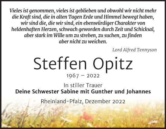 Traueranzeige von Steffen Opitz von Mitteldeutsche Zeitung Halle/Saalkreis