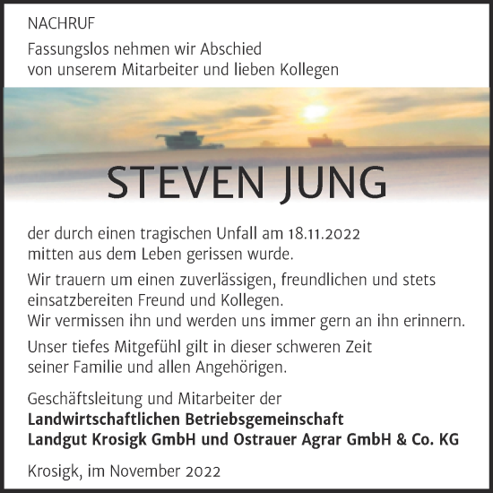 Traueranzeige von Steven Jung von Mitteldeutsche Zeitung Halle/Saalkreis