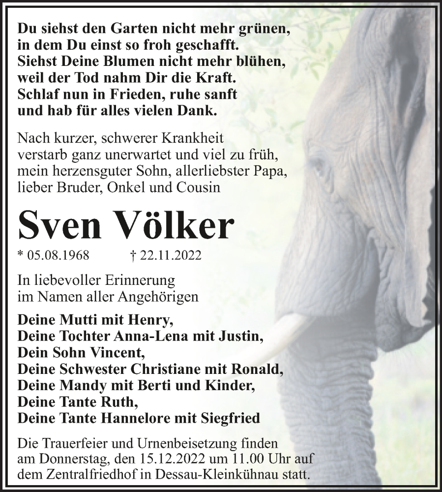  Traueranzeige für Sven Völker vom 03.12.2022 aus Trauerkombi Dessau