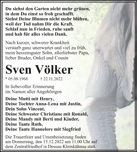 Traueranzeige von Sven Völker von Trauerkombi Dessau