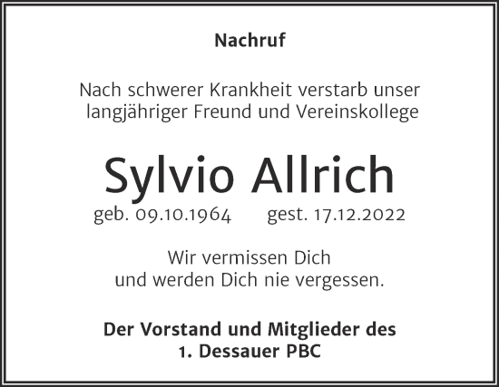 Traueranzeige von Sylvio Allrich von Trauerkombi Dessau