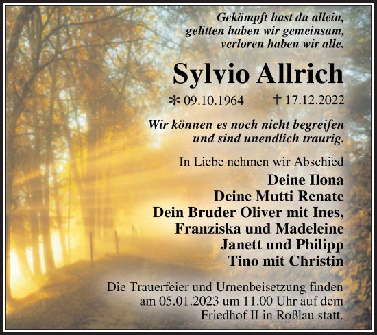 Traueranzeige von Sylvio Allrich von Trauerkombi Dessau