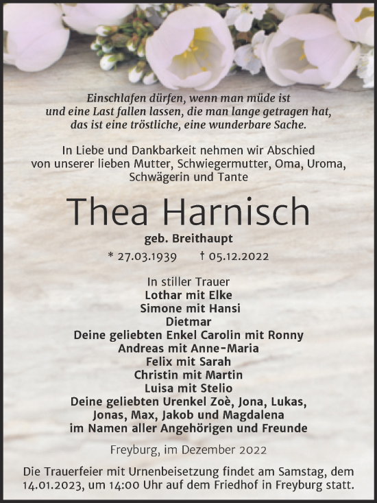 Traueranzeige von Thea Harnisch von Wochenspiegel Naumburg/Nebra