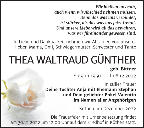 Traueranzeige von Thea Waltraud Günther von Trauerkombi Köthen