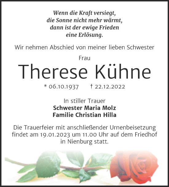 Traueranzeige von Therese Kühne von Trauerkombi Bernburg