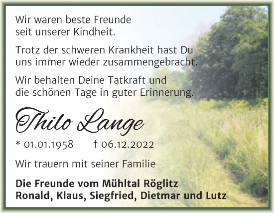 Traueranzeige von Thilo Lange von Trauerkombi Merseburg