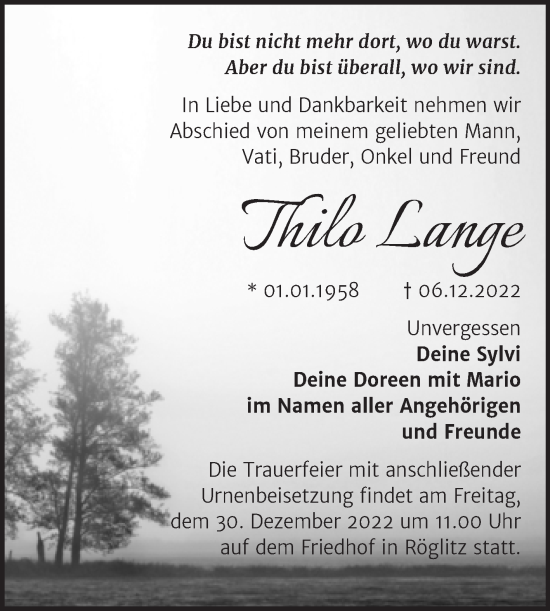 Traueranzeige von Thilo Lange von Trauerkombi Merseburg