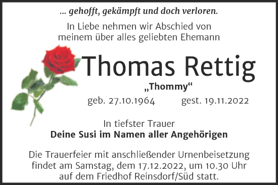 Traueranzeige von Thomas Rettig von Trauerkombi Wittenberg