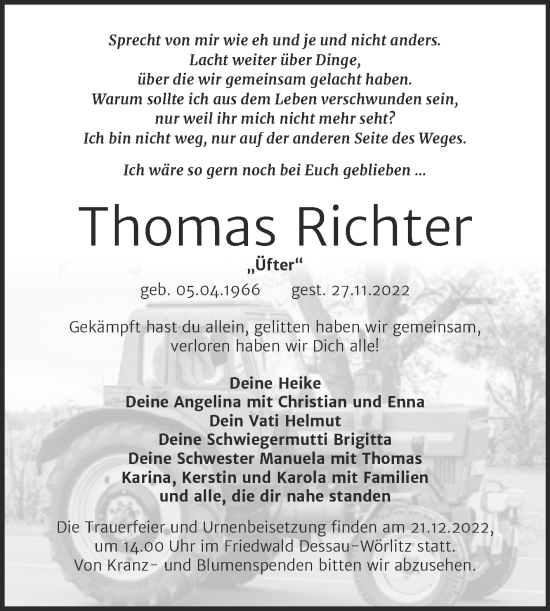 Traueranzeige von Thomas Richter von Trauerkombi Wittenberg
